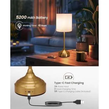 Aiscool Cordless LED Table Lamp with Dimmer, Built-in 5200mAh Rechargeable Battery, 3-Level Brightness, Touch Bedside Table Lamp for Bedroom, Night Lamp for Living Room, Fabric Shade, Gold
