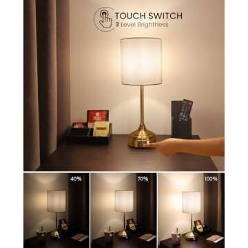 Aiscool Cordless LED Table Lamp with Dimmer, Built-in 5200mAh Rechargeable Battery, 3-Level Brightness, Touch Bedside Table Lamp for Bedroom, Night Lamp for Living Room, Fabric Shade, Gold