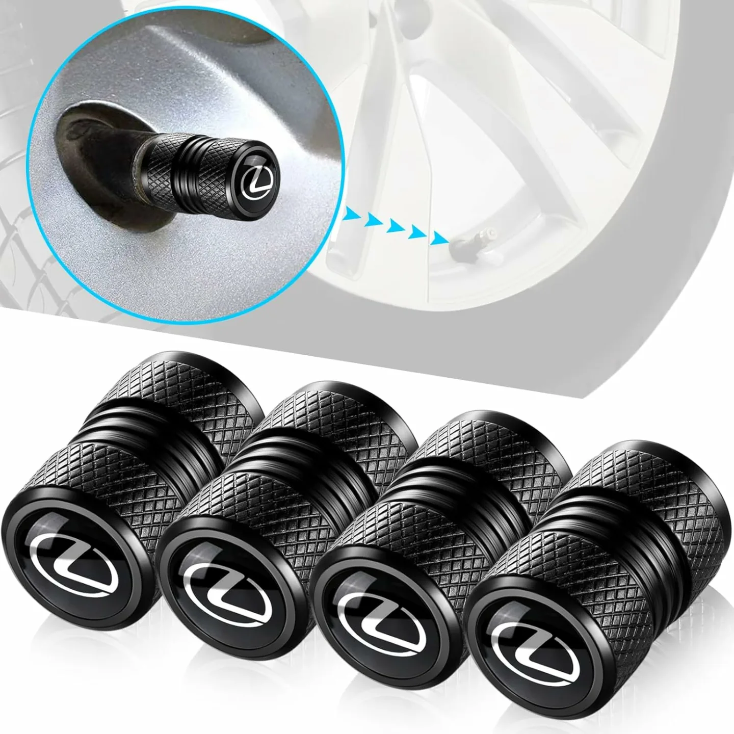 Lexus Valve Stem Caps - Black Metal Covers 4 Pieces