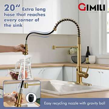 GIMILI Gold Touchless Faucet with Pull Down Sprayer, Motion Sensor Smart Activated Single Hole Spring Faucet for Kitchen Sink, Brushed Brass Finish