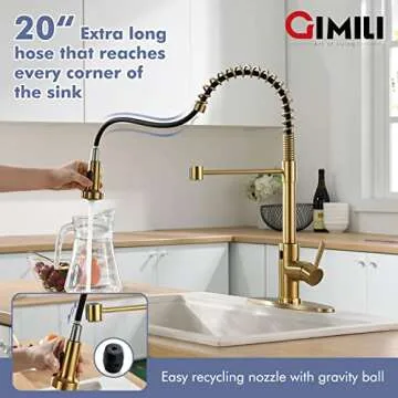 GIMILI Gold Touchless Faucet with Pull Down Sprayer, Motion Sensor Smart Activated Single Hole Spring Faucet for Kitchen Sink, Brushed Brass Finish