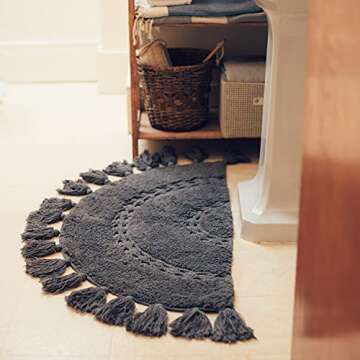 Unique Boho Rug - Half Circle Mat with Crochet Insert Detail & Tassels - 100% Cotton Boho Bathroom Rugs - Decorative Non-Slip Bohemian Rug for Bath & Bedroom - Cute Boho Decor - Charcoal Gray 42x22