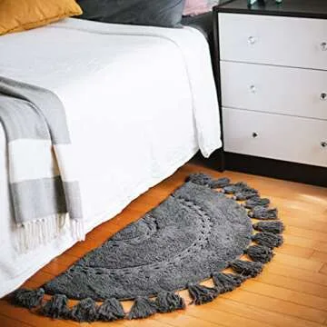 Unique Boho Rug - Half Circle Mat with Crochet Insert Detail & Tassels - 100% Cotton Boho Bathroom Rugs - Decorative Non-Slip Bohemian Rug for Bath & Bedroom - Cute Boho Decor - Charcoal Gray 42x22