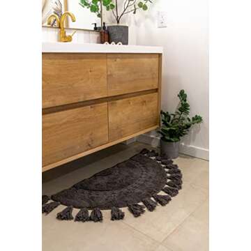 Unique Boho Rug - Half Circle Mat with Crochet Insert Detail & Tassels - 100% Cotton Boho Bathroom Rugs - Decorative Non-Slip Bohemian Rug for Bath & Bedroom - Cute Boho Decor - Charcoal Gray 42x22