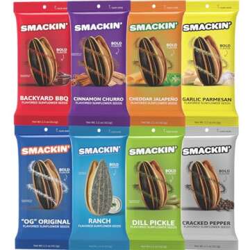 SMACKIN' Sunflower Seeds, Roasted Jumbo Small-Batch, American Made - 8 Flavor Variety. 1.5oz bags (54 Pack Bucket)