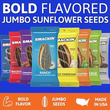 SMACKIN' Sunflower Seeds, Roasted Jumbo Small-Batch, American Made - 8 Flavor Variety. 1.5oz bags (54 Pack Bucket)