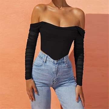 M_Eshop Women's Mesh Sheer Corset Crop Top Ruched off Shoulder Blouse Asymmetrical Hem Boned Bustier (Medium, Black)