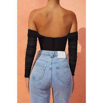 M_Eshop Women's Mesh Sheer Corset Crop Top Ruched off Shoulder Blouse Asymmetrical Hem Boned Bustier (Medium, Black)