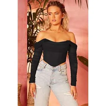 M_Eshop Women's Mesh Sheer Corset Crop Top Ruched off Shoulder Blouse Asymmetrical Hem Boned Bustier (Medium, Black)
