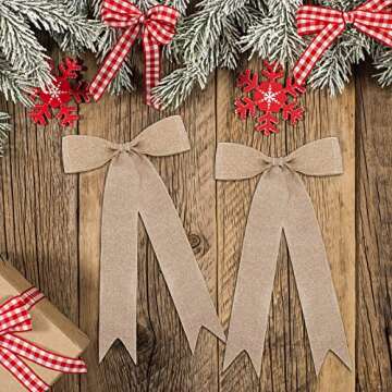 Aneco 16 Pieces Christmas Burlap Ribbon Bows Festival Decoration Bows Xmas Hanging Ribbon Bows for Christmas Home Decor, 16 x 9 Inches