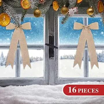 Aneco 16 Pieces Christmas Burlap Ribbon Bows Festival Decoration Bows Xmas Hanging Ribbon Bows for Christmas Home Decor, 16 x 9 Inches