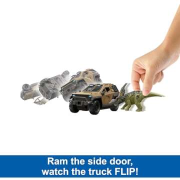 Mattel Jurassic World Truck & Einiosaurus Dinosaur Action Figure Toy Set with Flip & Roll Feature, Mission Mayhem Vehicle