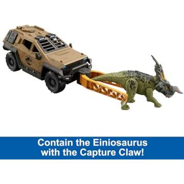 Mattel Jurassic World Truck & Einiosaurus Dinosaur Action Figure Toy Set with Flip & Roll Feature, Mission Mayhem Vehicle