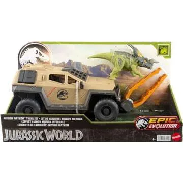 Mattel Jurassic World Truck & Einiosaurus Dinosaur Action Figure Toy Set with Flip & Roll Feature, Mission Mayhem Vehicle