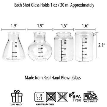 Chemistry Shot Glasses - Set of 4 Science Beaker Shots For The Nerd in Your Life - Work Overtime in the Home Laboratory - Chemistry Gifts Backed by Science