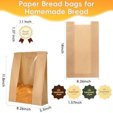 Funcoo 25 Pcs Paper Bread Bag for Home Bread Sourdough Bread Bakery Storage Bags with Window, Large Bakery Bread Loaf Bags for Baked Goods Packaging, Label Seal sticker included