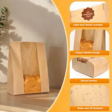 Funcoo 25 Pcs Paper Bread Bag for Home Bread Sourdough Bread Bakery Storage Bags with Window, Large Bakery Bread Loaf Bags for Baked Goods Packaging, Label Seal sticker included