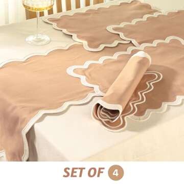 Folkulture Placemats Set of 4, 13 x 19 Inches 100% Cotton Rustic Place Mats or Heat ResistantTable Mats for Dining Table Decor, Boho Placemats, Scalloped Kitchen Mats or Table Placemats (Sand)