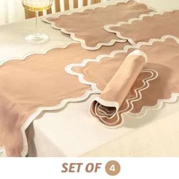 Folkulture Placemats Set of 4, 13 x 19 Inches 100% Cotton Rustic Place Mats or Heat ResistantTable Mats for Dining Table Decor, Boho Placemats, Scalloped Kitchen Mats or Table Placemats (Sand)