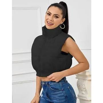 Kissonic Women's Winter Cropped Vest Lightweight Sleeveless Warm Puffer Vest Padded Gilet Outwear(Black-M)