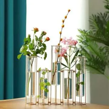 Test Tube Vase for Flowers Set of 5, Glass Vase with Metal Stand Racks Hydroponic Test TubeVase, Glass Vase with Metal Stand Racks Hydroponic Test Tube Vase for Home Wedding Decor, Balcony
