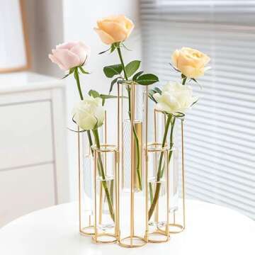 Test Tube Vase for Flowers Set of 5, Glass Vase with Metal Stand Racks Hydroponic Test TubeVase, Glass Vase with Metal Stand Racks Hydroponic Test Tube Vase for Home Wedding Decor, Balcony