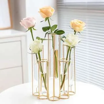 Test Tube Vase for Flowers Set of 5, Glass Vase with Metal Stand Racks Hydroponic Test TubeVase, Glass Vase with Metal Stand Racks Hydroponic Test Tube Vase for Home Wedding Decor, Balcony