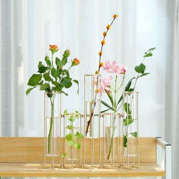 Test Tube Vase for Flowers Set of 5, Glass Vase with Metal Stand Racks Hydroponic Test TubeVase, Glass Vase with Metal Stand Racks Hydroponic Test Tube Vase for Home Wedding Decor, Balcony