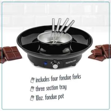 Nostalgia 10 Oz Electric Fondue Pot Set for Cheese & Chocolate - 4 Dipping Forks, 3-Section Food Tray - Kitchen Gadgets and Appliances for H'ors Deouvres, Entrees, Desserts - Black