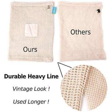 GreeOn Eco Friendly Reusable Produce Bags - Non Plastic - Net Zero Waste, Organic Cotton Mesh Produce Vegetable Bag Washable (with Drawstring & Tare Weight) for Grocery Shopping and Storage, Set of 6