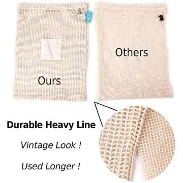 GreeOn Eco Friendly Reusable Produce Bags - Non Plastic - Net Zero Waste, Organic Cotton Mesh Produce Vegetable Bag Washable (with Drawstring & Tare Weight) for Grocery Shopping and Storage, Set of 6