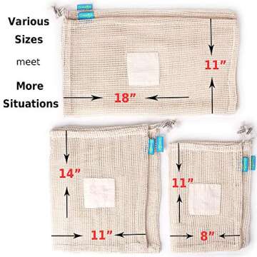 GreeOn Eco Friendly Reusable Produce Bags - Non Plastic - Net Zero Waste, Organic Cotton Mesh Produce Vegetable Bag Washable (with Drawstring & Tare Weight) for Grocery Shopping and Storage, Set of 6