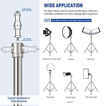NEEWER 7.2ft/2.2m Stainless Steel Light Stand, Spring Cushioned Heavy Duty Photography Tripod Stand with 1/4” to 3/8” Screw Adapter for Strobe,LED Video Light,Ring Light, Monolight, Softbox
