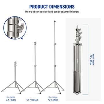 NEEWER 7.2ft/2.2m Stainless Steel Light Stand, Spring Cushioned Heavy Duty Photography Tripod Stand with 1/4” to 3/8” Screw Adapter for Strobe,LED Video Light,Ring Light, Monolight, Softbox