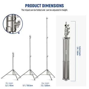 NEEWER 7.2ft/2.2m Stainless Steel Light Stand, Spring Cushioned Heavy Duty Photography Tripod Stand with 1/4” to 3/8” Screw Adapter for Strobe,LED Video Light,Ring Light, Monolight, Softbox