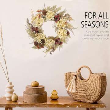 BINFEN 20 Inch Winter Fall Wreaths for Front Door, Boho Front Door Wreath, Fake Dried Hydrangea Flowers, Burlap, Pampas Fall Decorations for Home Farmhouse Front Porch