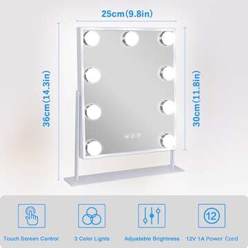 Hansong Vanity Mirror with Lights with 9 LED Bulbs Makeup Mirror with Lights 3 Color Lighting Modes Lighted Vanity Makeup Mirror 360 Degree Rotation White