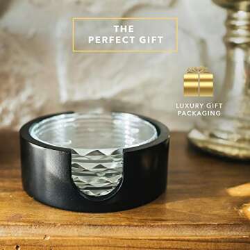 Dragon Glassware Crystal Coasters - Clear Glass Coasters for Drinks Set of 4 - Barware for Coffee Table - Diamond Coaster Set with Holder