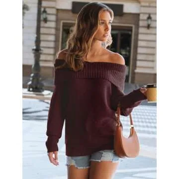 LILLUSORY Womens Off The Shoulder Sweater Oversized Winter Fall Cozy Cute Casual Going Out Batwing Sleeve Vocation Pullover Sweaters 2025 Trendy Clothes Tops Wine Red