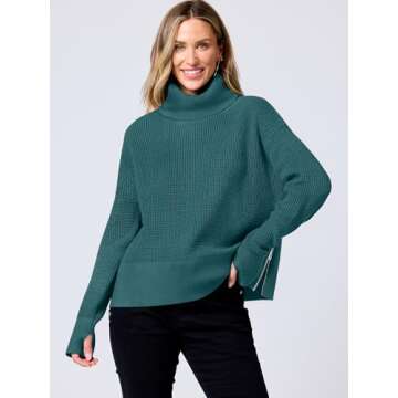 ANRABESS Womens Turtleneck Long Sleeve Sweaters Waffle Knit Casual Side Zipper Pullover Tops Thumbho...