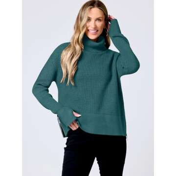ANRABESS Womens Turtleneck Long Sleeve Sweaters Waffle Knit Casual Side Zipper Pullover Tops Thumbhole 2024 Fall Outfits Teal Green Small
