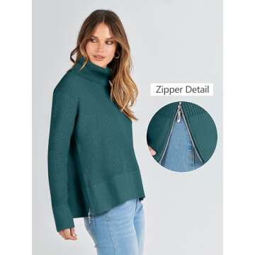 ANRABESS Womens Turtleneck Long Sleeve Sweaters Waffle Knit Casual Side Zipper Pullover Tops Thumbhole 2024 Fall Outfits Teal Green Small