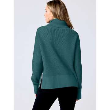 ANRABESS Womens Turtleneck Long Sleeve Sweaters Waffle Knit Casual Side Zipper Pullover Tops Thumbhole 2024 Fall Outfits Teal Green Small