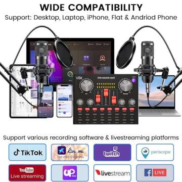 Podcast Equipment Bundle for 2, Audio Interface with Cardioid Designer BM800 Mic for Gamer and All-in-One DJ Mixer, Perfect for Live Streaming, Singing, YouTube