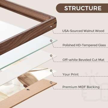 16 x 20 Picture Frame, USA-Sourced Natural Walnut Wood Photo Frame with Tempered Glass, Handcrafted Rounded Corner 16x20 Wooden Frame Matted to 11x14 Photos, Horizontal or Vertical Wall Mounting