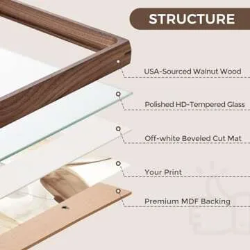 16 x 20 Picture Frame, USA-Sourced Natural Walnut Wood Photo Frame with Tempered Glass, Handcrafted Rounded Corner 16x20 Wooden Frame Matted to 11x14 Photos, Horizontal or Vertical Wall Mounting