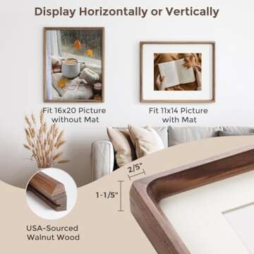 16 x 20 Picture Frame, USA-Sourced Natural Walnut Wood Photo Frame with Tempered Glass, Handcrafted Rounded Corner 16x20 Wooden Frame Matted to 11x14 Photos, Horizontal or Vertical Wall Mounting