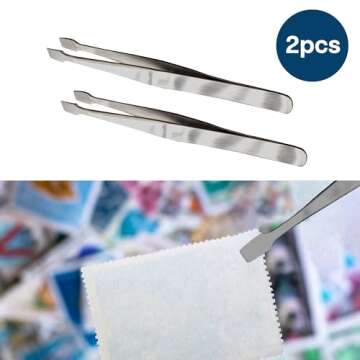 MMOBIEL 2 Pcs Stainless Steel Stamp Tweezers Tongs Flat Wide Tip Precision Philately Tweezers for Stamps, Documents, Photo Development, etc.