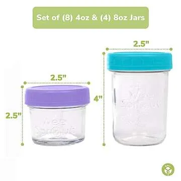 WeeSprout Glass Baby Food Storage Jars - 12 Set, 4 oz/8 oz Baby Food Jars, Plastic Lids, Freezer Storage, Reusable Small Glass Baby Food Containers, Microwave & Dishwasher Safe, for Infant & Baby Food