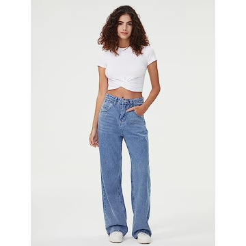 HDLTE Women's High-Waist Wide Leg Baggy Jeans Light Blue